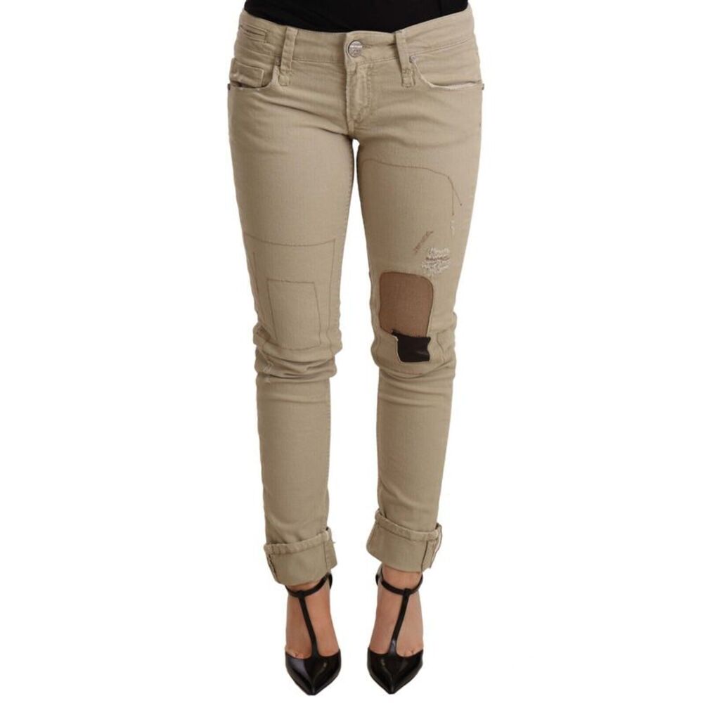 Acht Beige Denim Cotton Bottom Slim Fit Folded Women's Pant